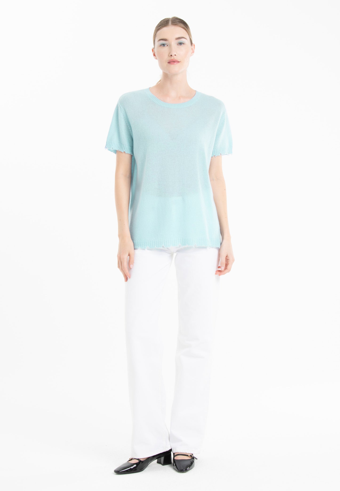 T-shirt col rond cachemire turquoise femme - AVA 6