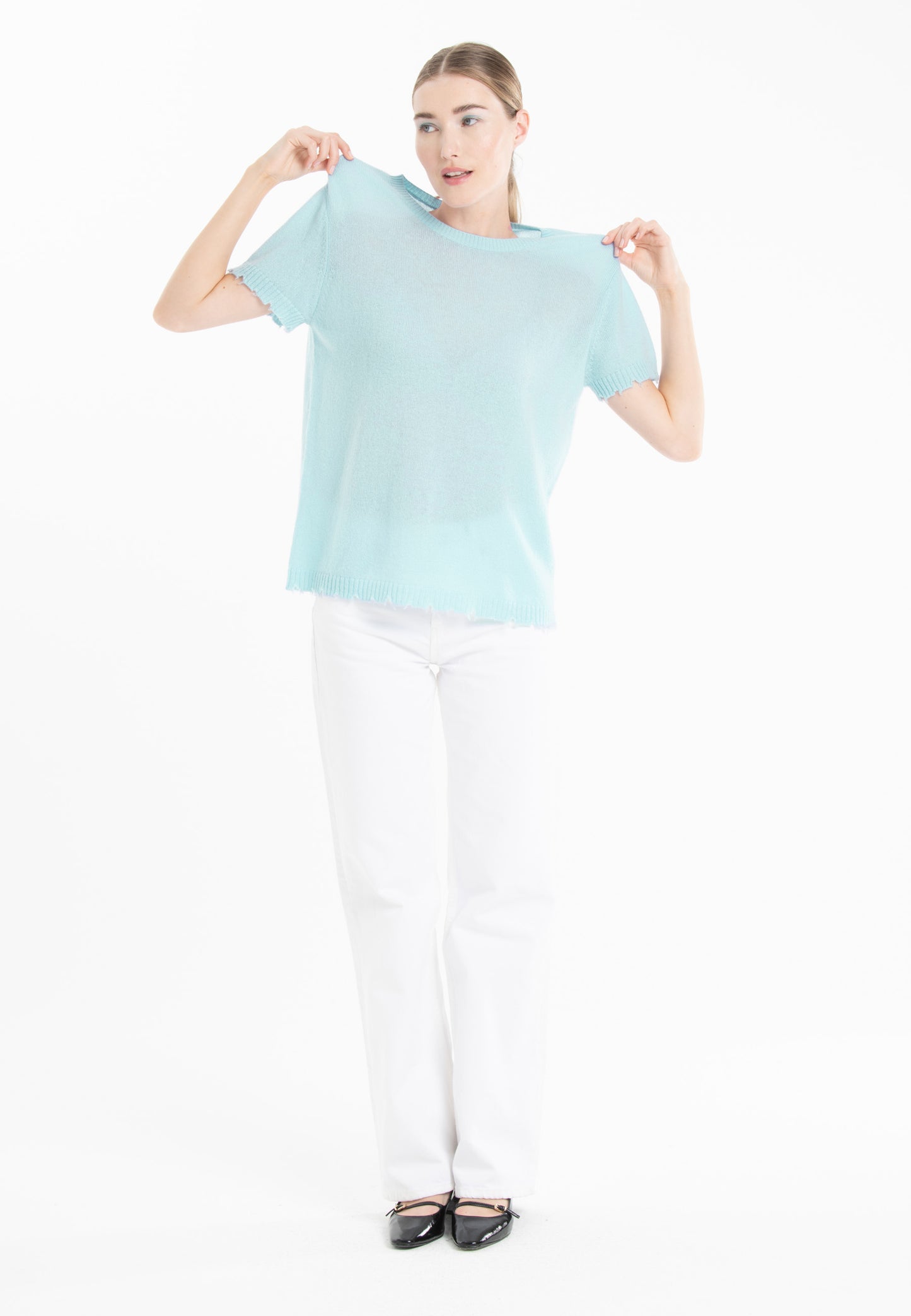 T-shirt col rond cachemire turquoise femme - AVA 6