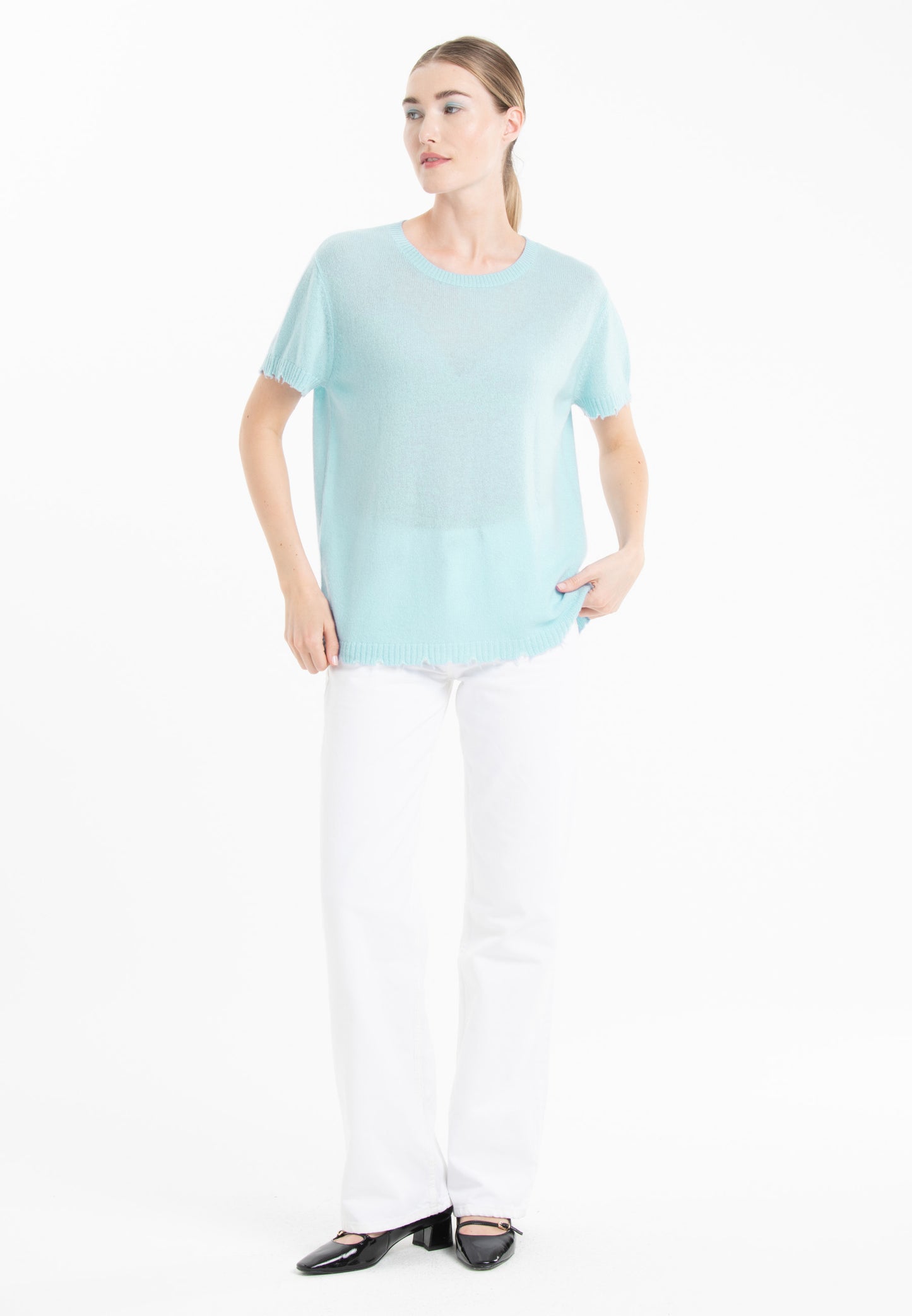 T-shirt col rond cachemire turquoise femme - AVA 6
