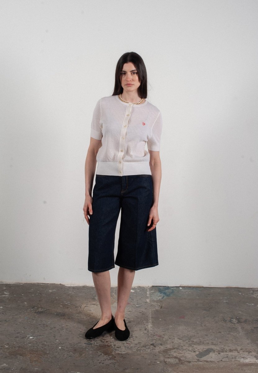 Cardigan col rond manches courtes femme en cachemire et laine ajouré ultrafin blanc - FRIDA 6 - Studio cashmere8
