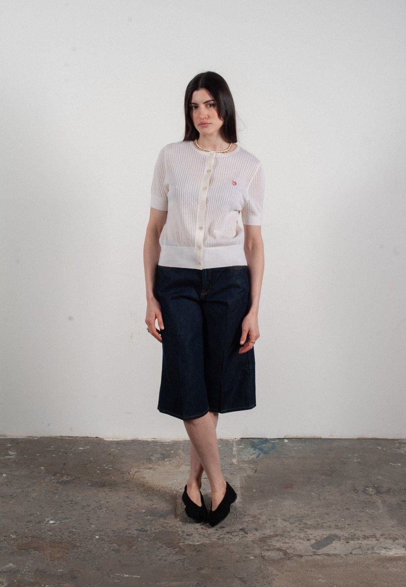 Cardigan col rond manches courtes femme en cachemire et laine ajouré ultrafin blanc - FRIDA 6 - Studio cashmere8