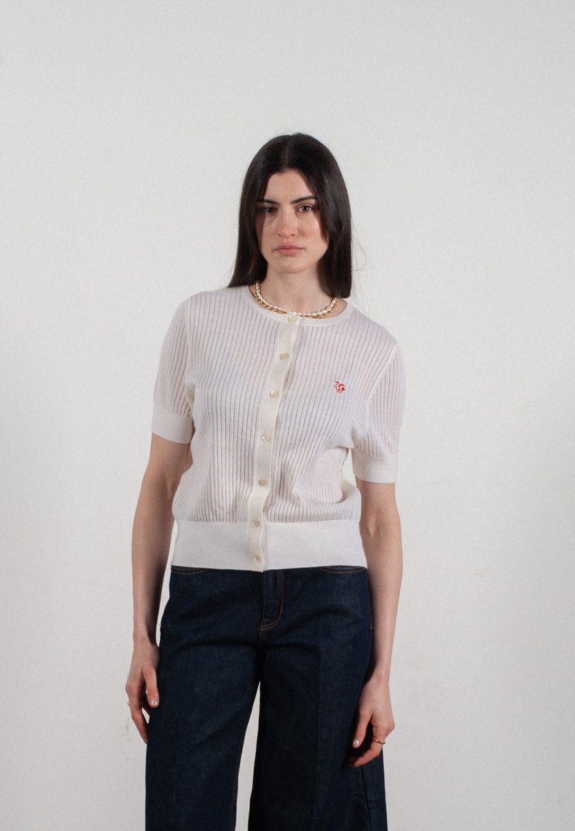 Cardigan col rond manches courtes femme en cachemire et laine ajouré ultrafin blanc - FRIDA 6 - Studio cashmere8
