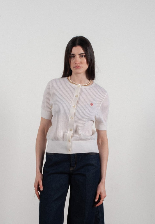 Cardigan col rond manches courtes femme en cachemire et laine ajouré ultrafin blanc - FRIDA 6 - Studio cashmere8