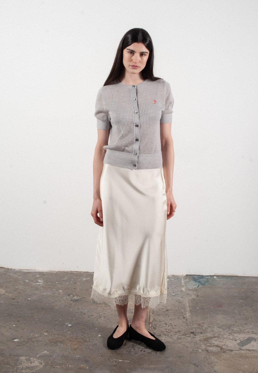 Cardigan col rond manches courtes femme en cachemire et laine ajouré ultrafin gris clair - FRIDA 6 - Studio cashmere8