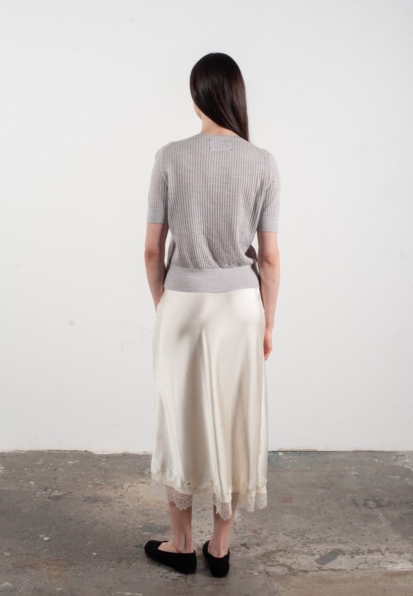 Cardigan col rond manches courtes femme en cachemire et laine ajouré ultrafin gris clair - FRIDA 6 - Studio cashmere8