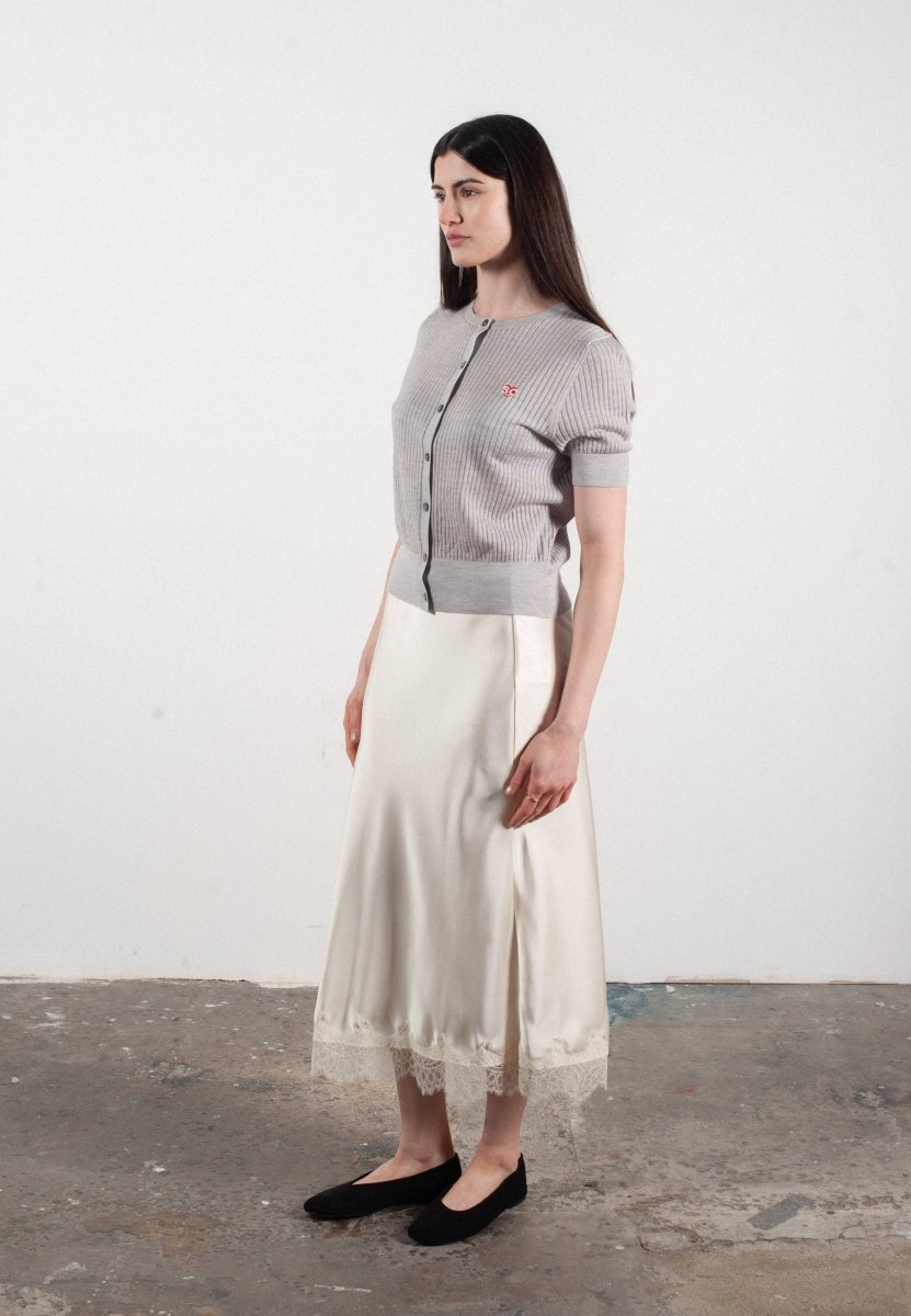 Cardigan col rond manches courtes femme en cachemire et laine ajouré ultrafin gris clair - FRIDA 6 - Studio cashmere8