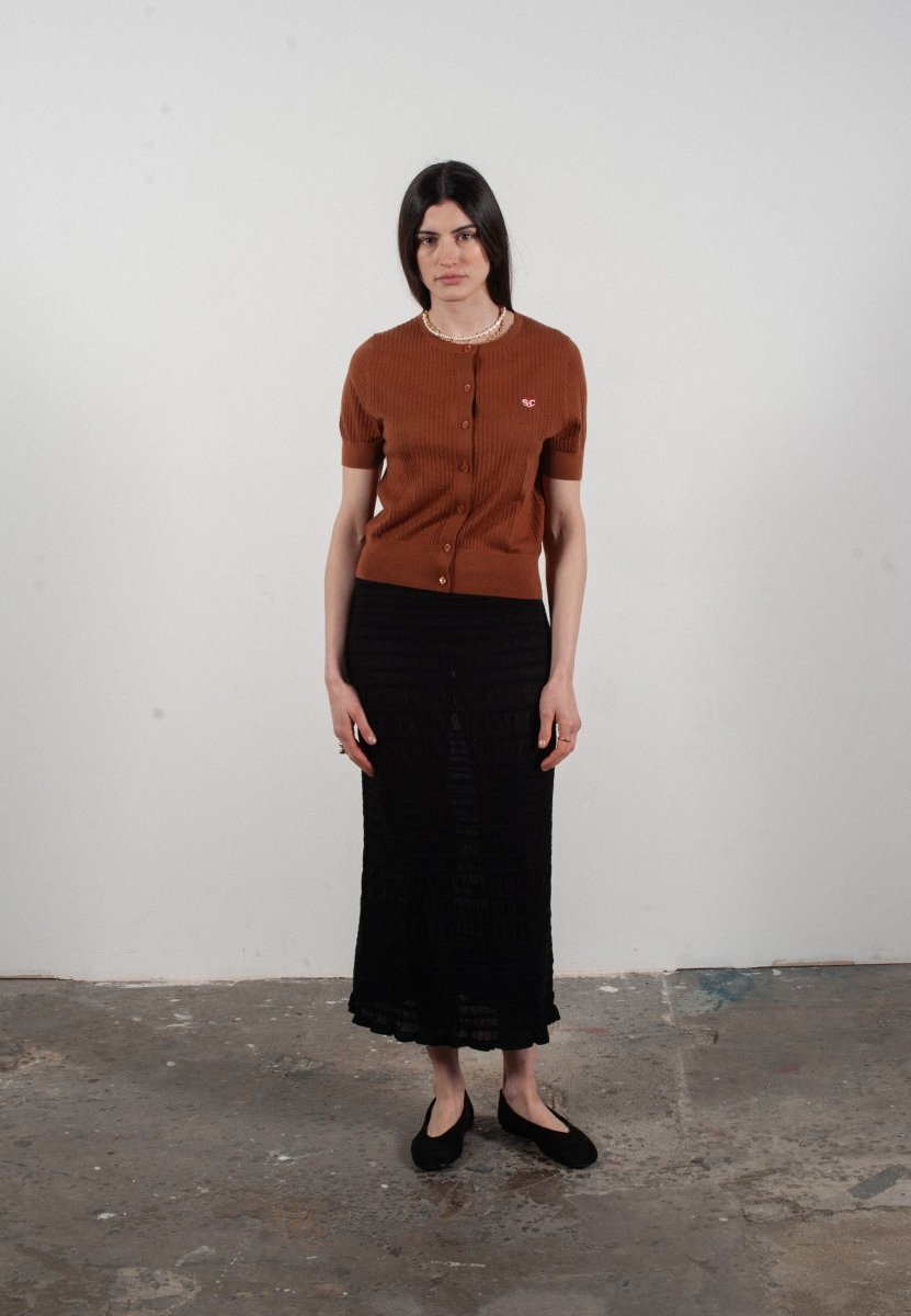 Cardigan col rond manches courtes femme en cachemire et laine ajouré ultrafin marron clair - FRIDA 6 - Studio cashmere8