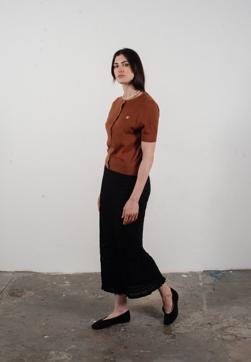 Cardigan col rond manches courtes femme en cachemire et laine ajouré ultrafin marron clair - FRIDA 6 - Studio cashmere8