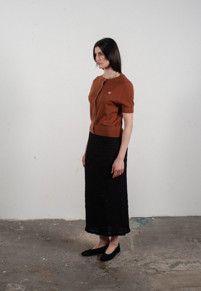 Cardigan col rond manches courtes femme en cachemire et laine ajouré ultrafin marron clair - FRIDA 6 - Studio cashmere8