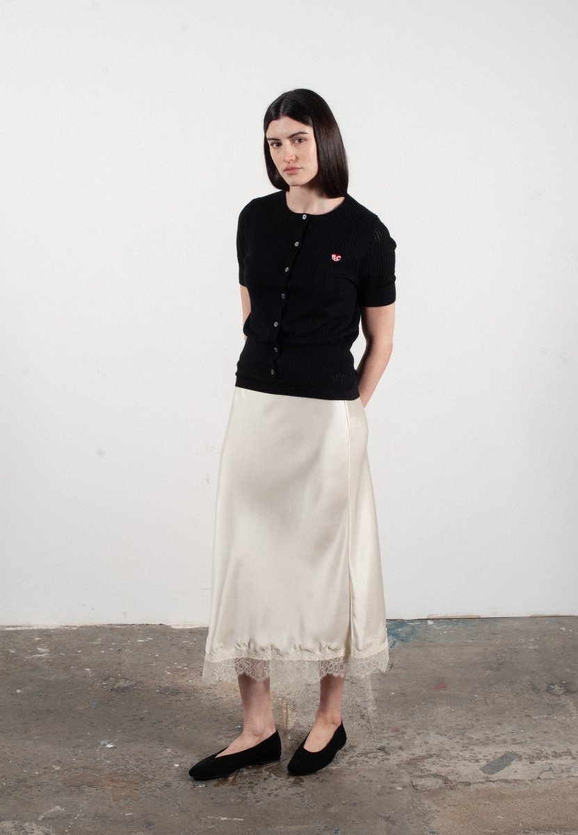 Cardigan col rond manches courtes femme en cachemire et laine ajouré ultrafin noir - FRIDA 6 - Studio cashmere8