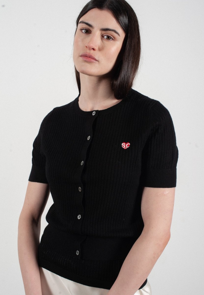 Cardigan col rond manches courtes femme en cachemire et laine ajouré ultrafin noir - FRIDA 6 - Studio cashmere8