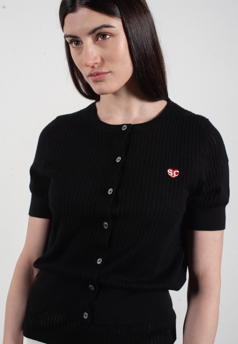 Cardigan col rond manches courtes femme en cachemire et laine ajouré ultrafin noir - FRIDA 6 - Studio cashmere8