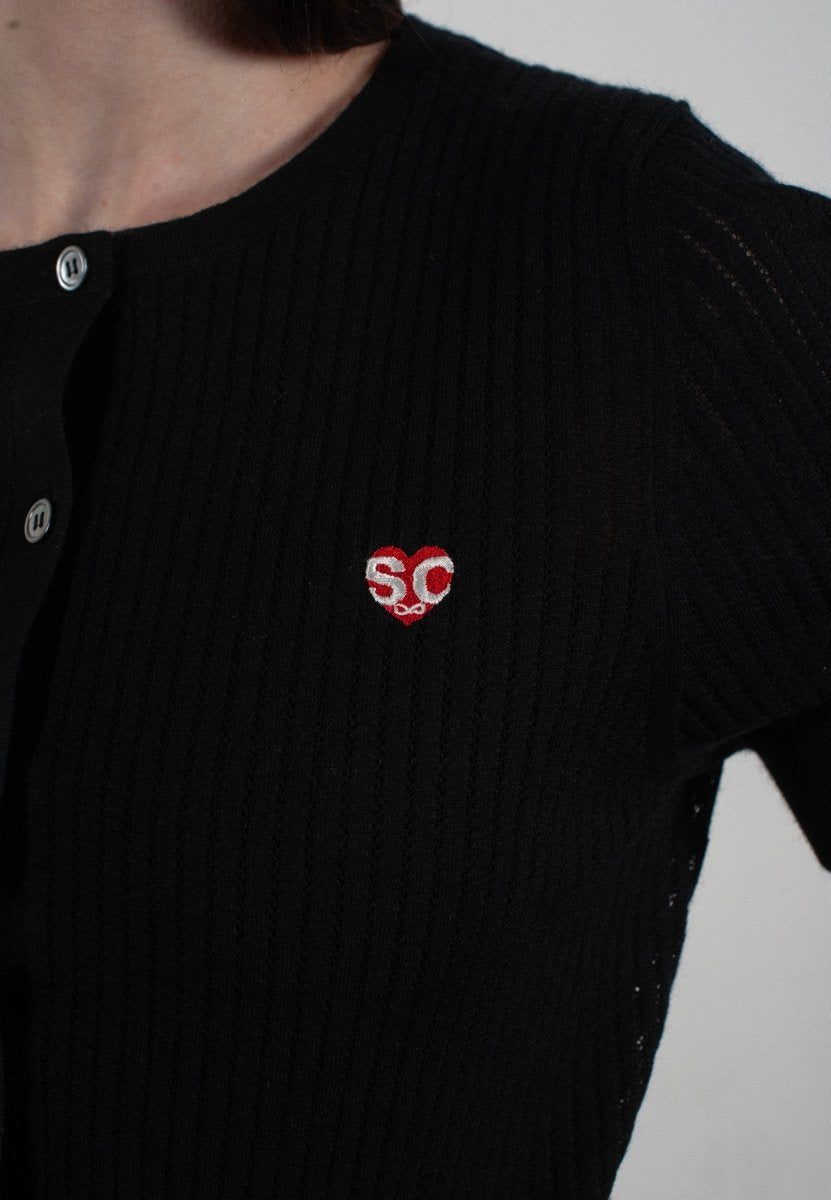 Cardigan col rond manches courtes femme en cachemire et laine ajouré ultrafin noir - FRIDA 6 - Studio cashmere8
