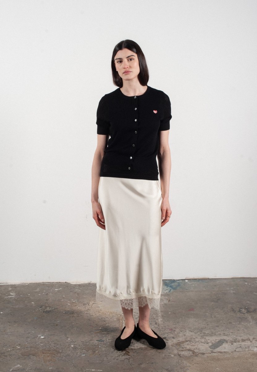 Cardigan col rond manches courtes femme en cachemire et laine ajouré ultrafin noir - FRIDA 6 - Studio cashmere8