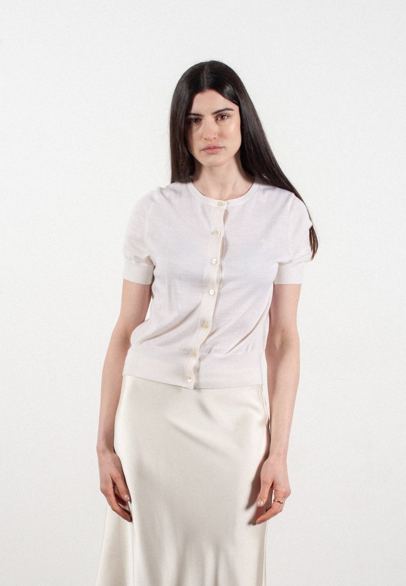 Cardigan col rond manches courtes femme en cachemire et laine ultrafin blanc - FRIDA 5 - Studio cashmere8