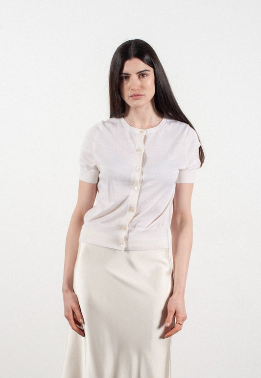 Cardigan col rond manches courtes femme en cachemire et laine ultrafin blanc - FRIDA 5 - Studio cashmere8