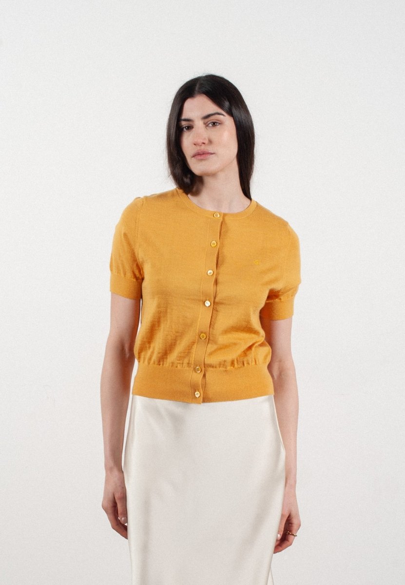 Cardigan col rond manches courtes femme en cachemire et laine ultrafin jaune - FRIDA 5 - Studio cashmere8