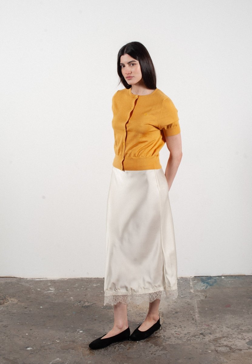 Cardigan col rond manches courtes femme en cachemire et laine ultrafin jaune - FRIDA 5 - Studio cashmere8