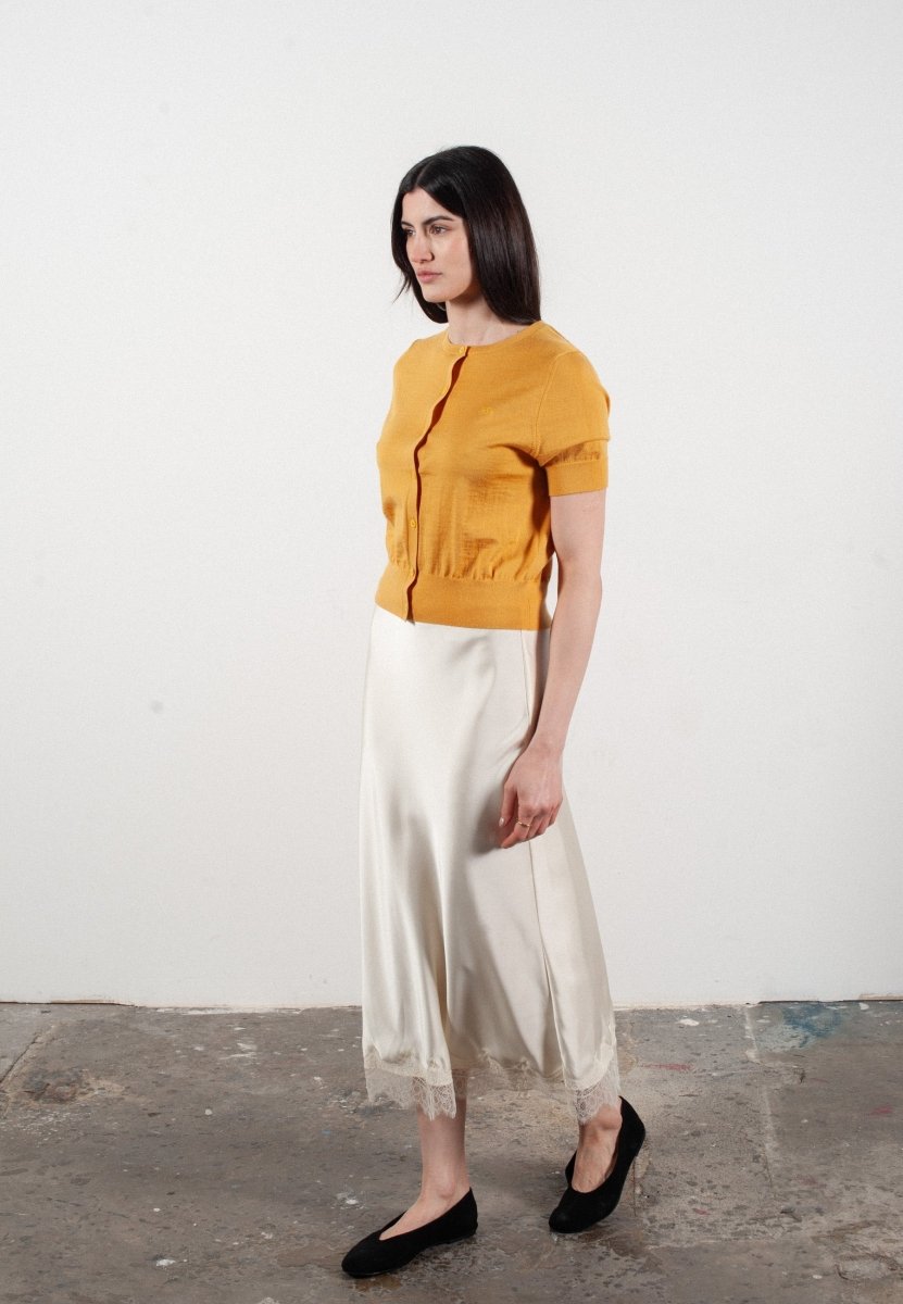 Cardigan col rond manches courtes femme en cachemire et laine ultrafin jaune - FRIDA 5 - Studio cashmere8