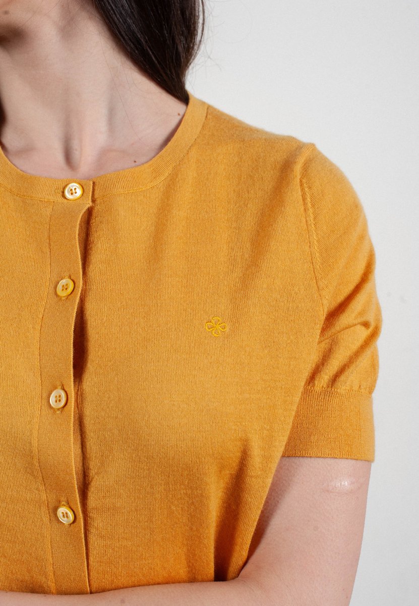 Cardigan col rond manches courtes femme en cachemire et laine ultrafin jaune - FRIDA 5 - Studio cashmere8
