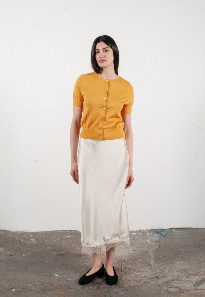 Cardigan col rond manches courtes femme en cachemire et laine ultrafin jaune - FRIDA 5 - Studio cashmere8