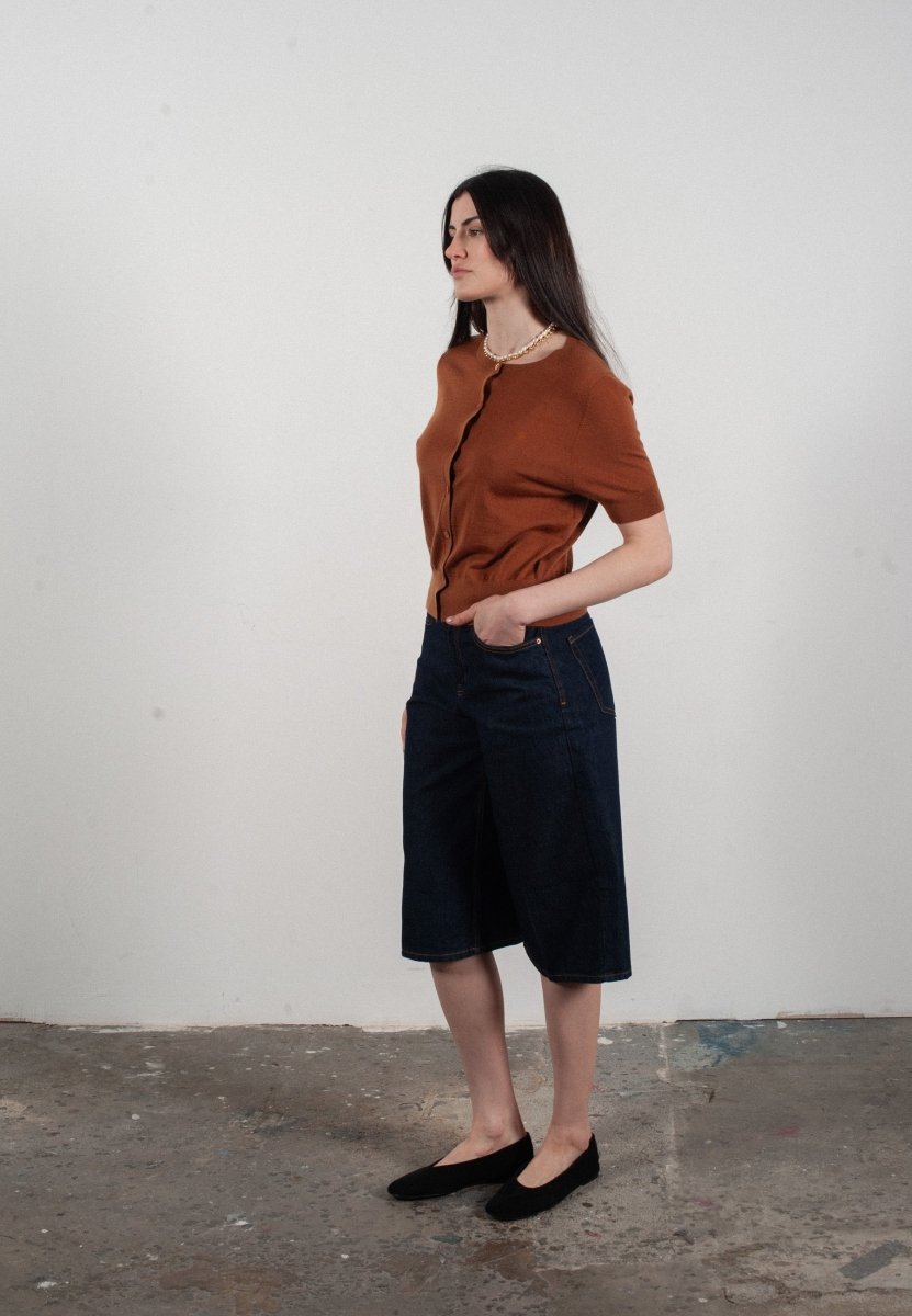 Cardigan col rond manches courtes femme en cachemire et laine ultrafin marron clair - FRIDA 5 - Studio cashmere8