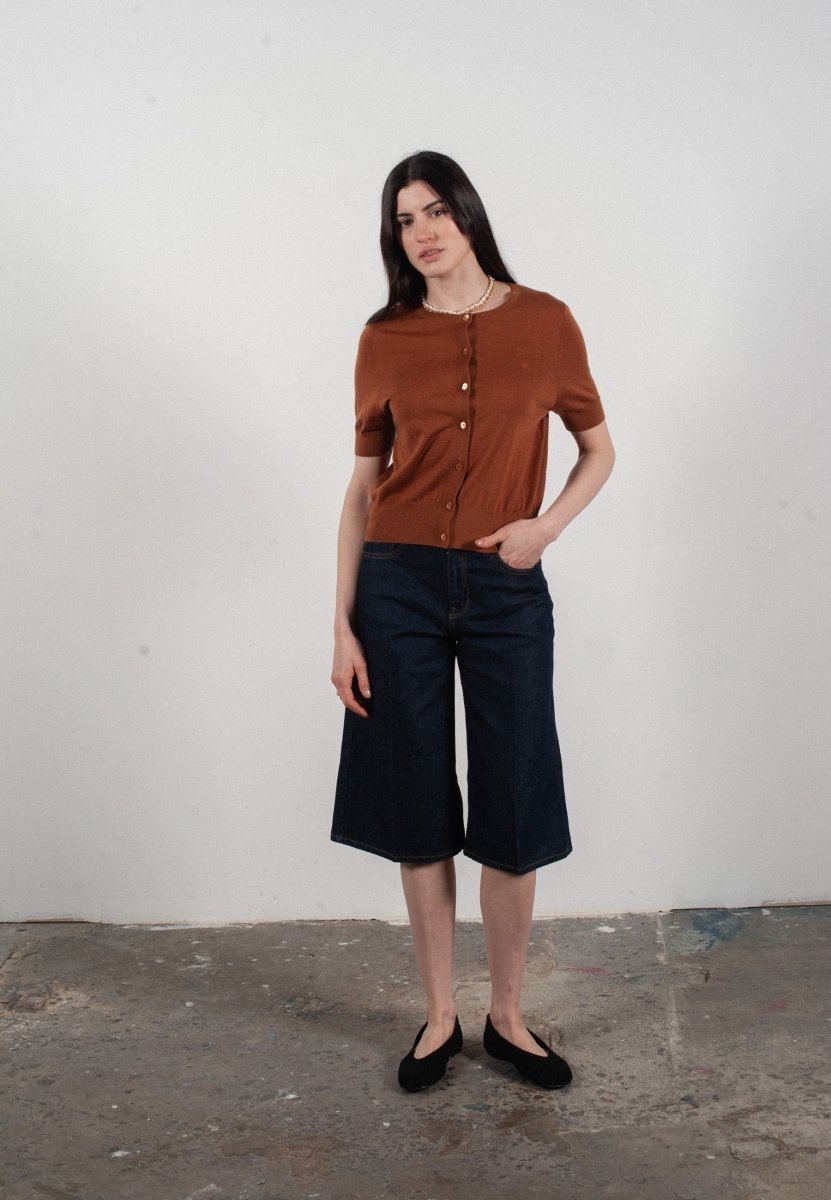 Cardigan col rond manches courtes femme en cachemire et laine ultrafin marron clair - FRIDA 5 - Studio cashmere8