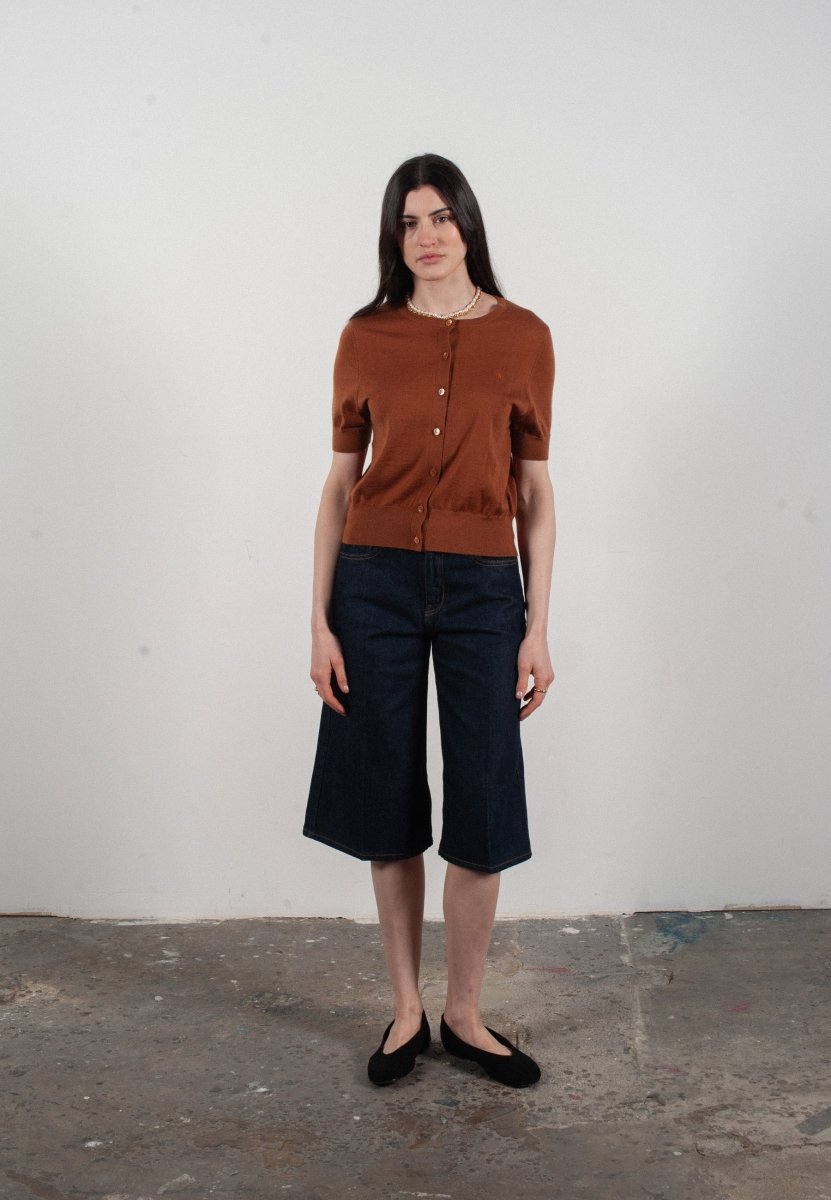 Cardigan col rond manches courtes femme en cachemire et laine ultrafin marron clair - FRIDA 5 - Studio cashmere8
