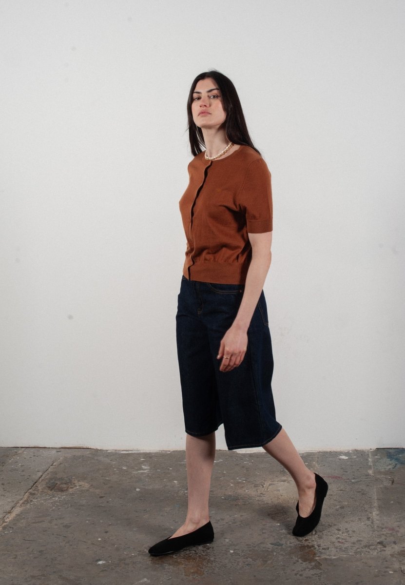 Cardigan col rond manches courtes femme en cachemire et laine ultrafin marron clair - FRIDA 5 - Studio cashmere8