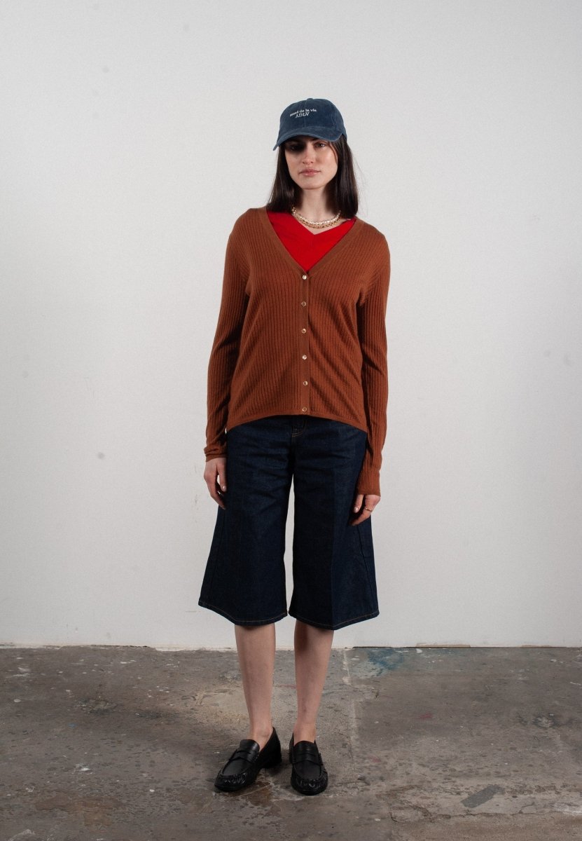 Cardigan col V femme en cachemire et laine ajouré ultrafin marron clair - FRIDA 3 - Studio cashmere8
