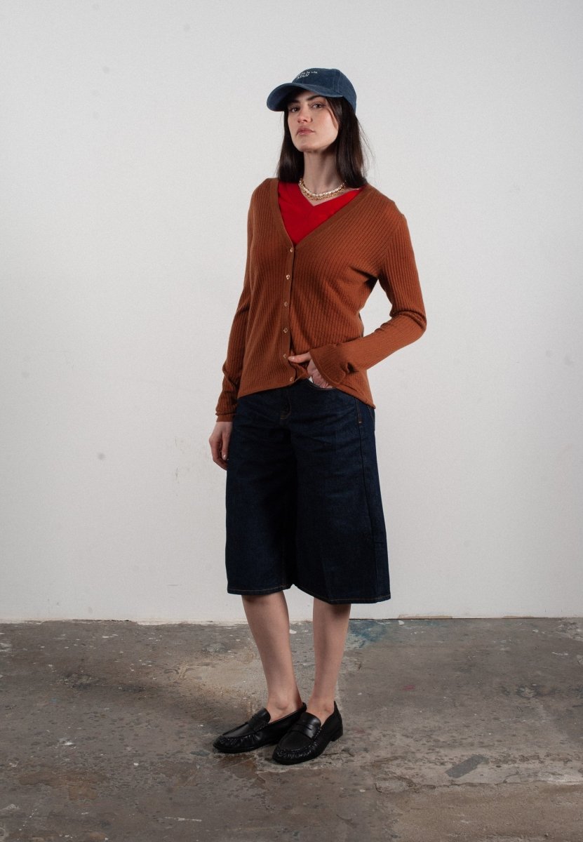 Cardigan col V femme en cachemire et laine ajouré ultrafin marron clair - FRIDA 3 - Studio cashmere8