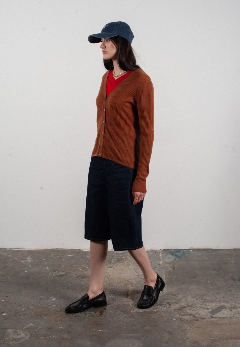 Cardigan col V femme en cachemire et laine ajouré ultrafin marron clair - FRIDA 3 - Studio cashmere8