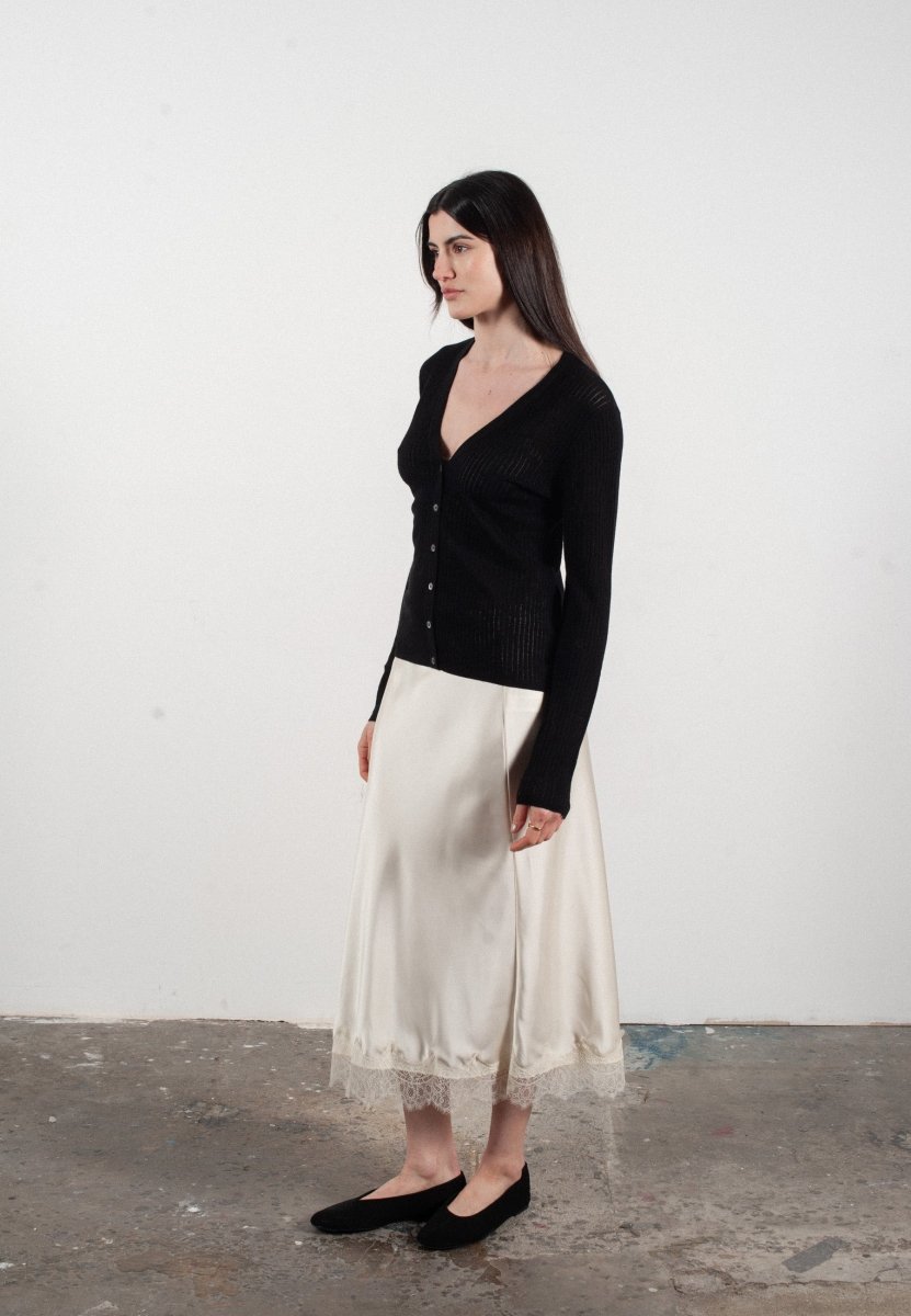 Cardigan col V femme en cachemire et laine ajouré ultrafin noir - FRIDA 3 - Studio cashmere8