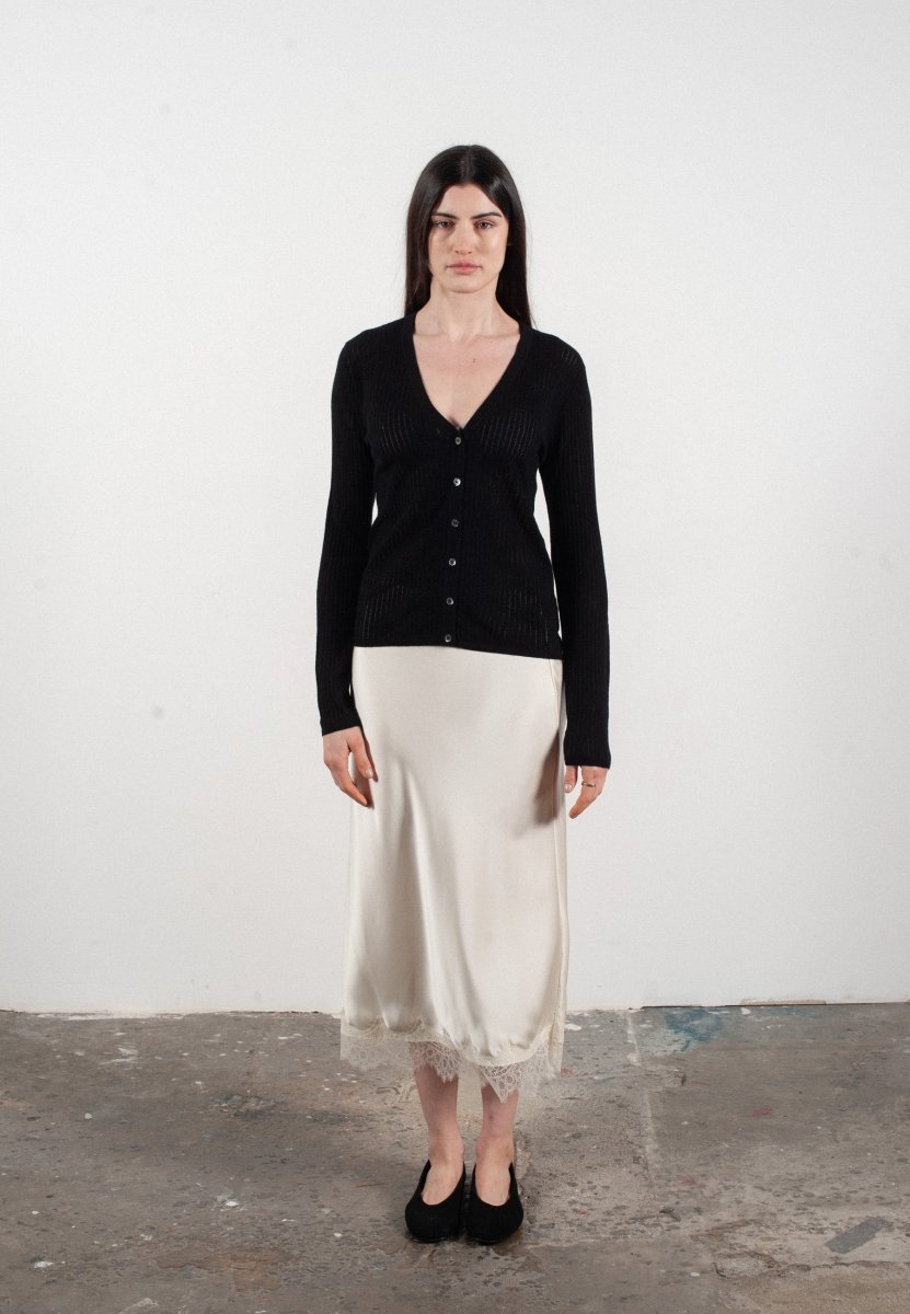 Cardigan col V femme en cachemire et laine ajouré ultrafin noir - FRIDA 3 - Studio cashmere8