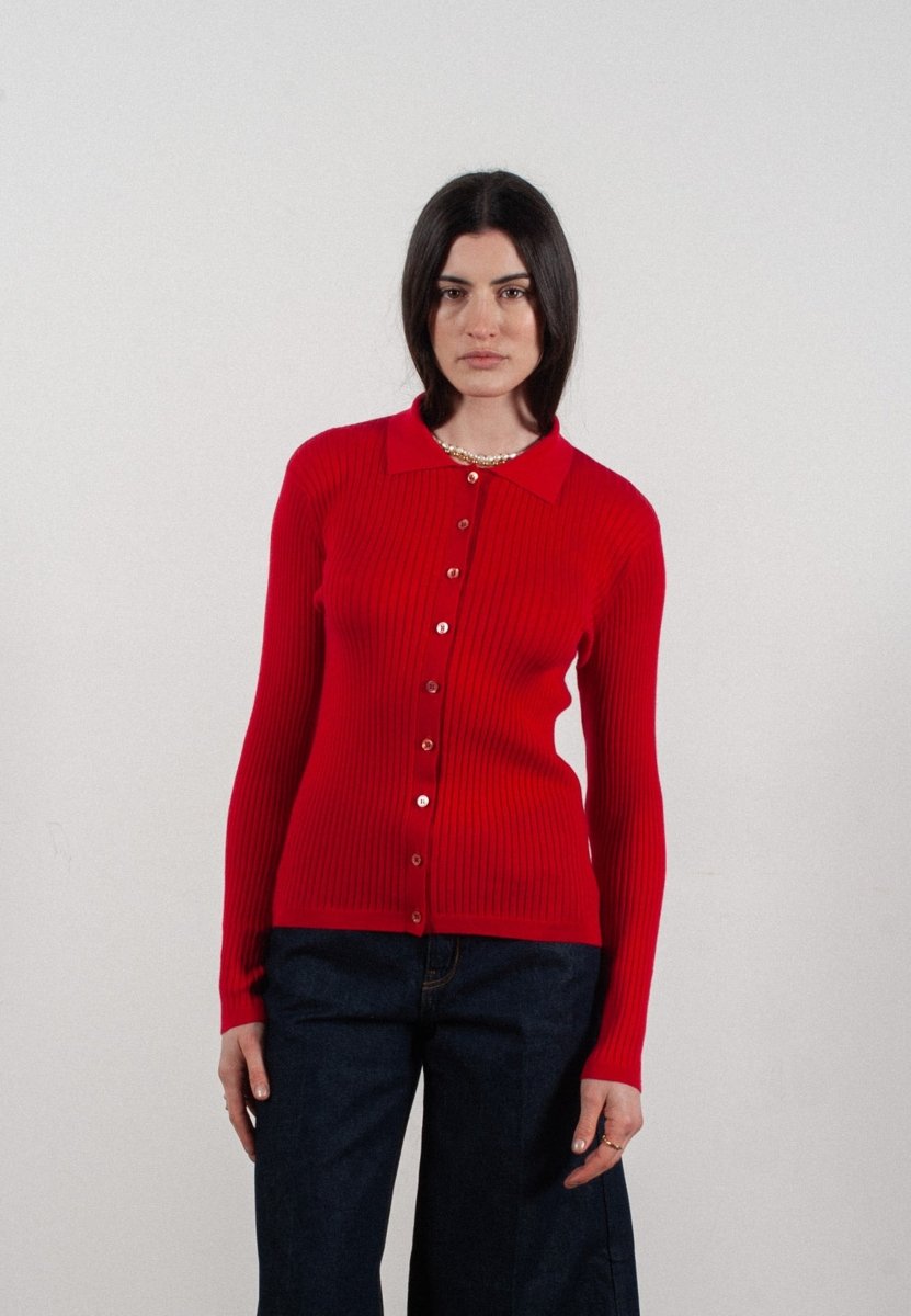 Chemise col polo manches longues en cachemire et laine ultrafin rouge - FRIDA 4