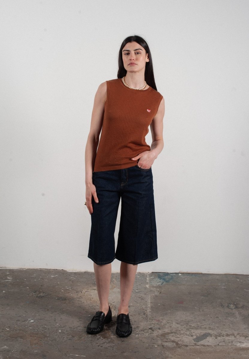 Débardeur col rond femme en cachemire et laine ajouré ultrafin marron clair - FRIDA 2 - Studio cashmere8