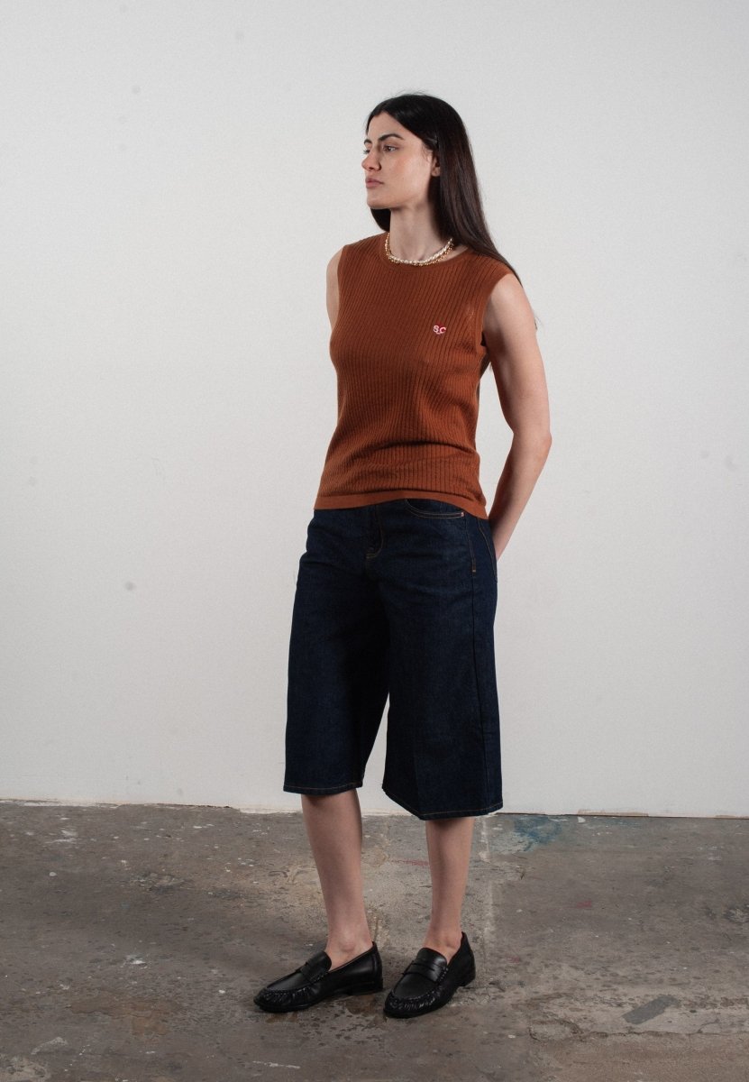 Débardeur col rond femme en cachemire et laine ajouré ultrafin marron clair - FRIDA 2 - Studio cashmere8