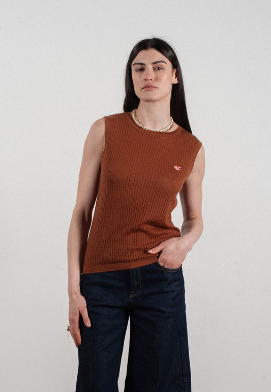 Débardeur col rond femme en cachemire et laine ajouré ultrafin marron clair - FRIDA 2 - Studio cashmere8
