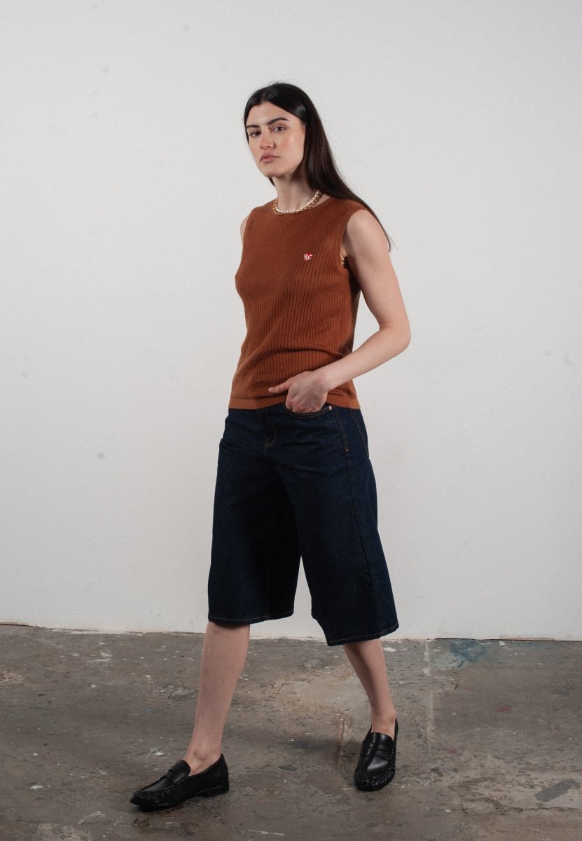 Débardeur col rond femme en cachemire et laine ajouré ultrafin marron clair - FRIDA 2 - Studio cashmere8