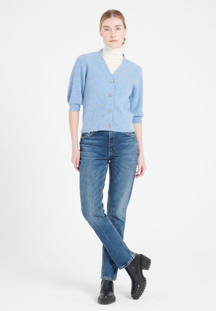 Himmelblaue Damen-Strickjacke aus Kaschmir mit V-Ausschnitt MIA 13 S SC8-00382 Himmelblau