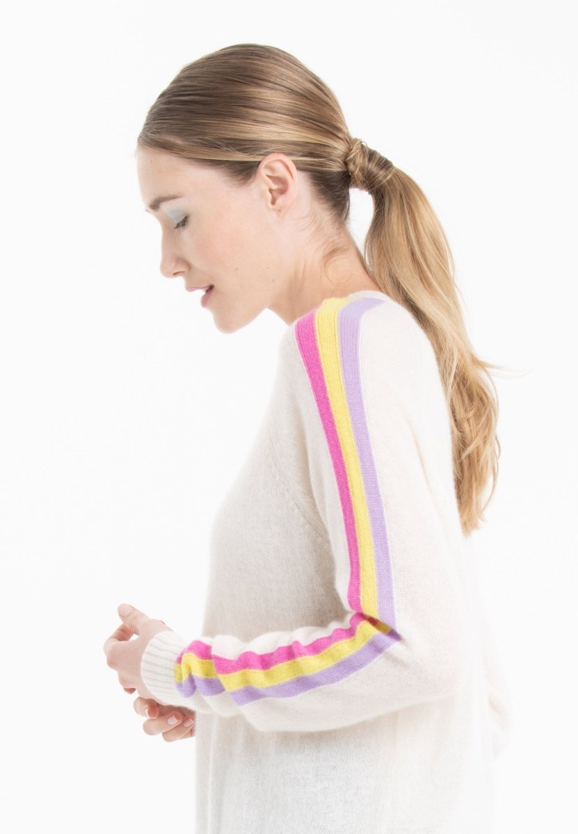 Pull col rond cachemire blanc écru/ rose/ jaune/ violet femme - KELLY 30 - Studio cashmere8