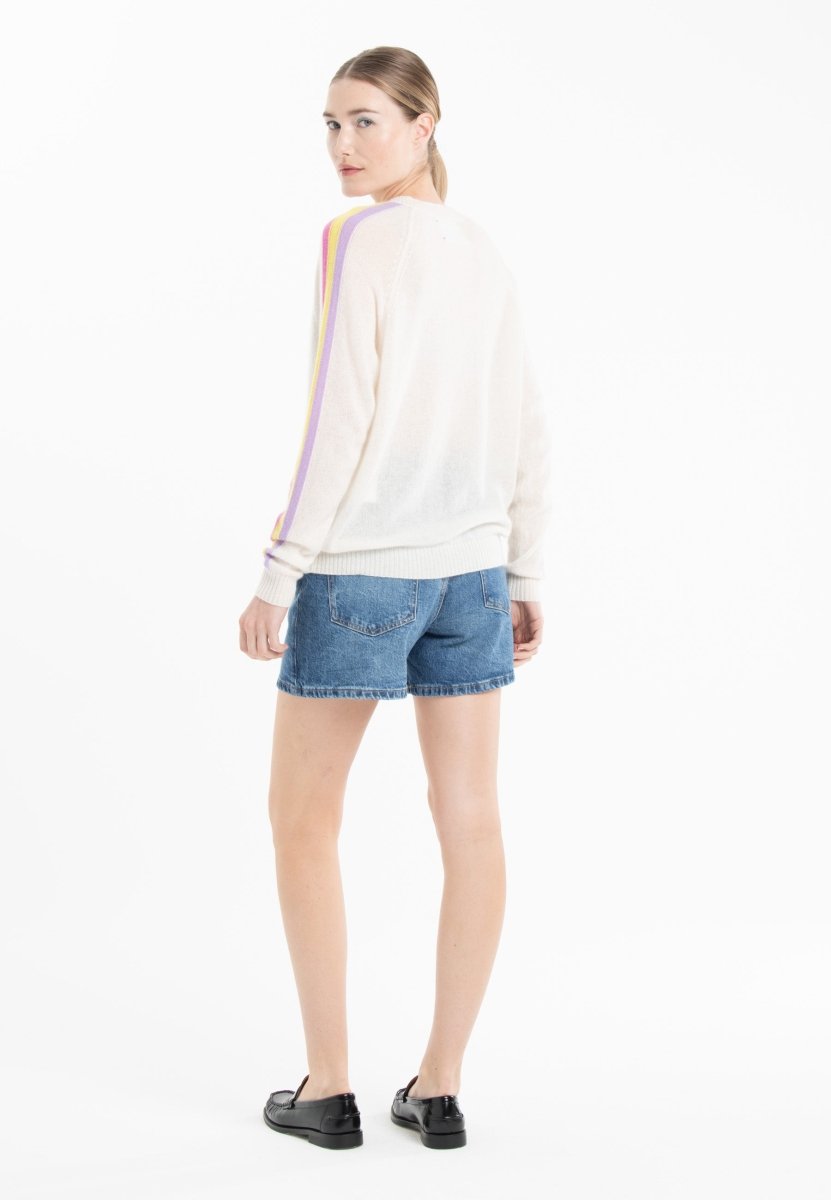 Pull col rond cachemire blanc écru/ rose/ jaune/ violet femme - KELLY 30 - Studio cashmere8