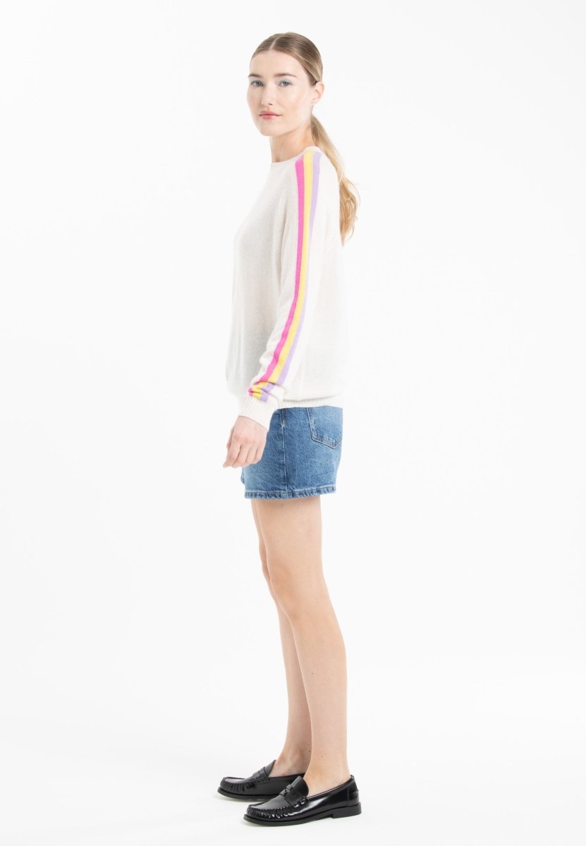 Pull col rond cachemire blanc écru/ rose/ jaune/ violet femme - KELLY 30 - Studio cashmere8