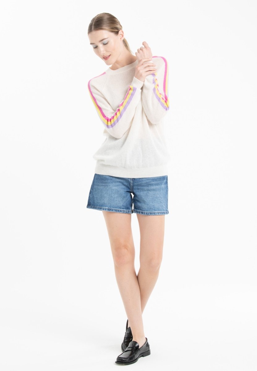 Pull col rond cachemire blanc écru/ rose/ jaune/ violet femme - KELLY 30 - Studio cashmere8