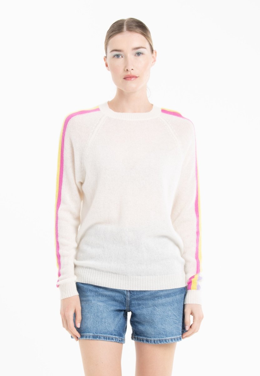 Pull col rond cachemire blanc écru/ rose/ jaune/ violet femme - KELLY 30 - Studio cashmere8