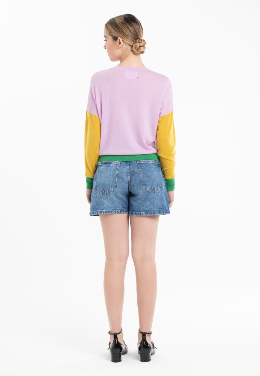 Pull col rond oversize tricolore ultrafin cachemire et laine lavande/jaune/vert femme - KELLY 9 - Studio cashmere8