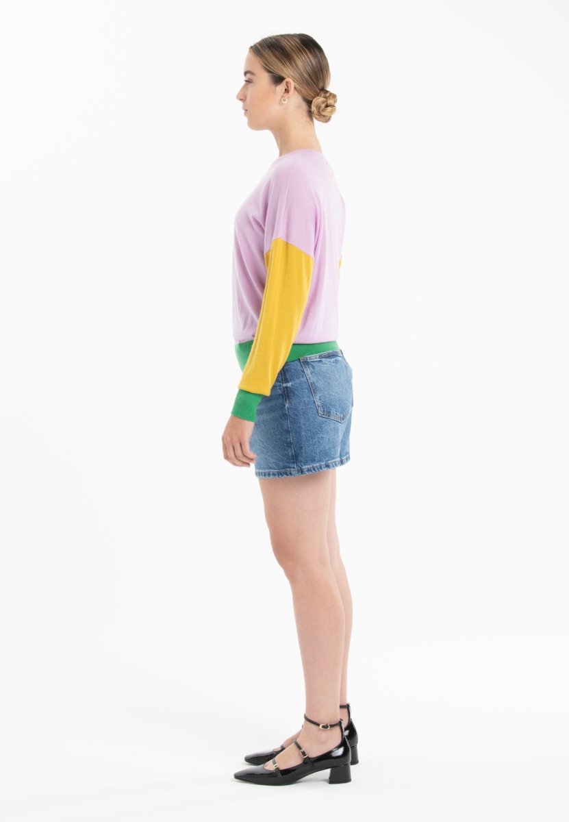 Pull col rond oversize tricolore ultrafin cachemire et laine lavande/jaune/vert femme - KELLY 9 - Studio cashmere8