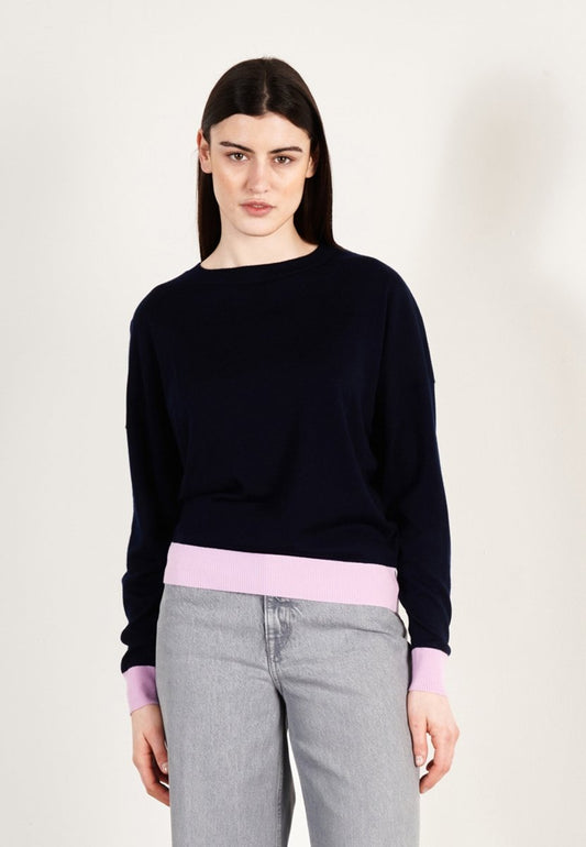 Pull col rond oversize ultrafin cachemire et laine bleu marine/lavande femme - KELLY 3 - Studio cashmere8