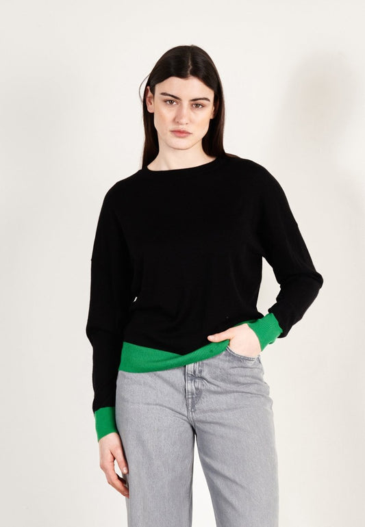 Pull col rond oversize ultrafin cachemire et laine noir/vert femme - KELLY 3 - Studio cashmere8