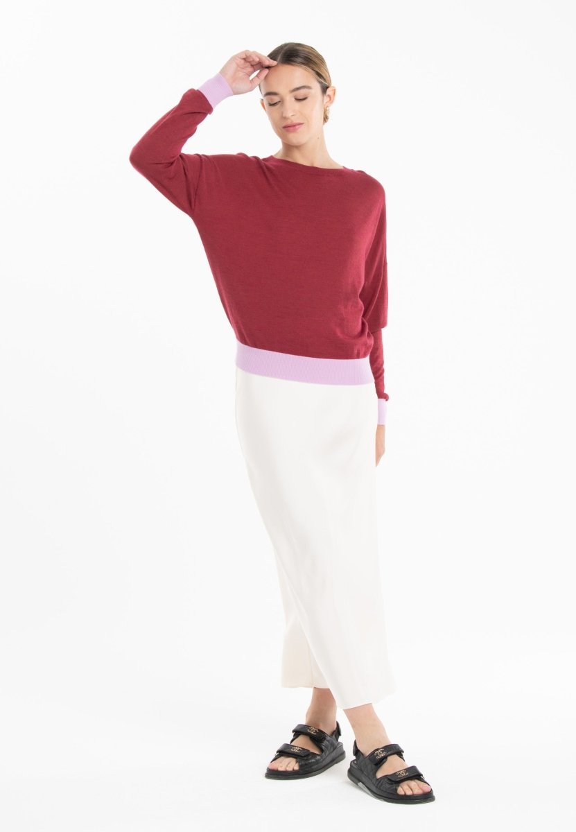 Pull col rond oversize ultrafin cachemire et laine rouge/lavande femme - KELLY 3 - Studio cashmere8